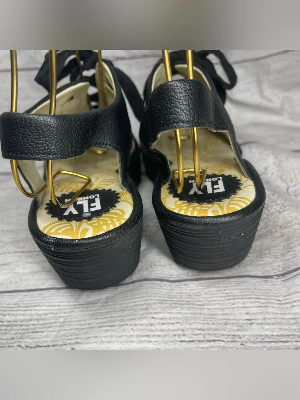 Fly London Women’s 7 (38) Ylfa Black Leather Lace Up Wedge Sandals
